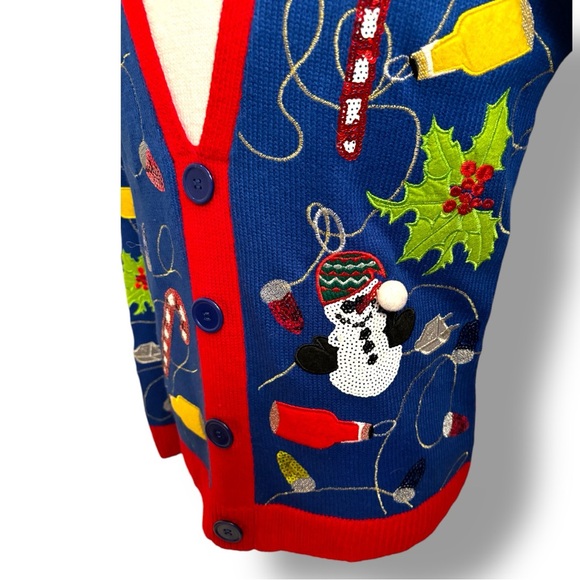 Jolly Sweaters Bright Blue Sequins Ugly Christmas Sweater Bow Tie Pullover Sz M - Picture 9 of 13